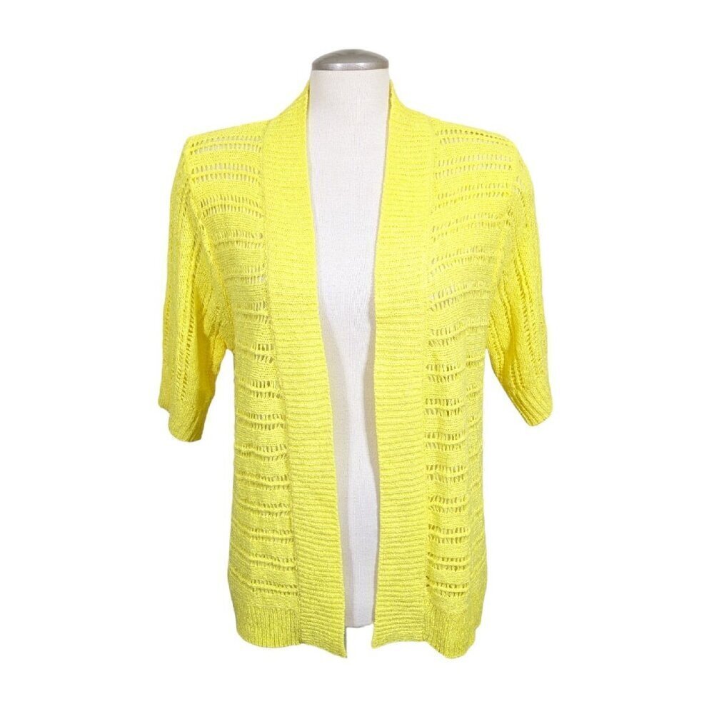 TanJay Cardigan Sweater Jacket Womens Large Butter Yellow Open Knit Open Front